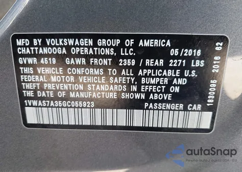 2016 Volkswagen Passat 1.8T R-Line from USA, damaged, VIN 1VWAS7A35GC055923
